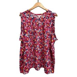 Time and True Plus Size Blouse Pink Floral Sleeveless Ruffle Button Rayon 3XL 22